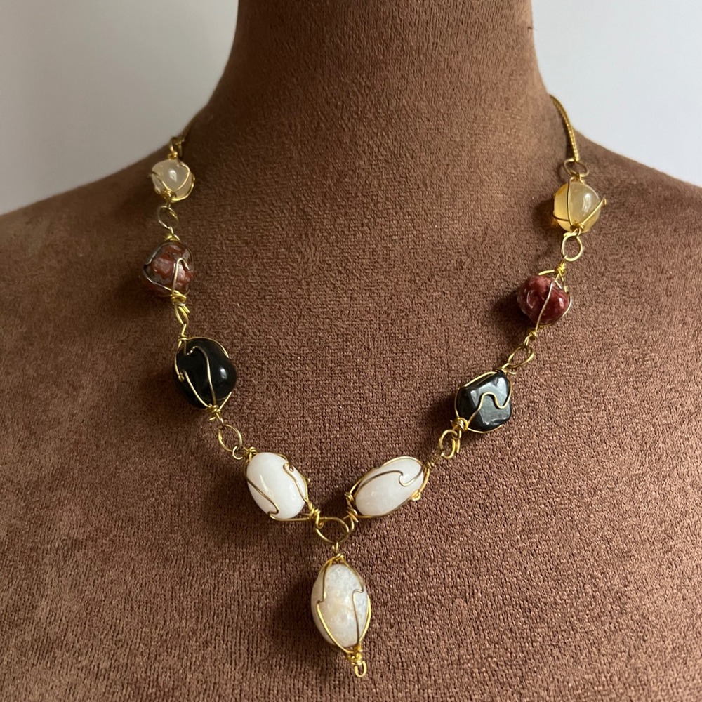 Vintage Wire Wrapped Multi Stone Gold Tone Necklace 19 Inch Whimsigoth Style